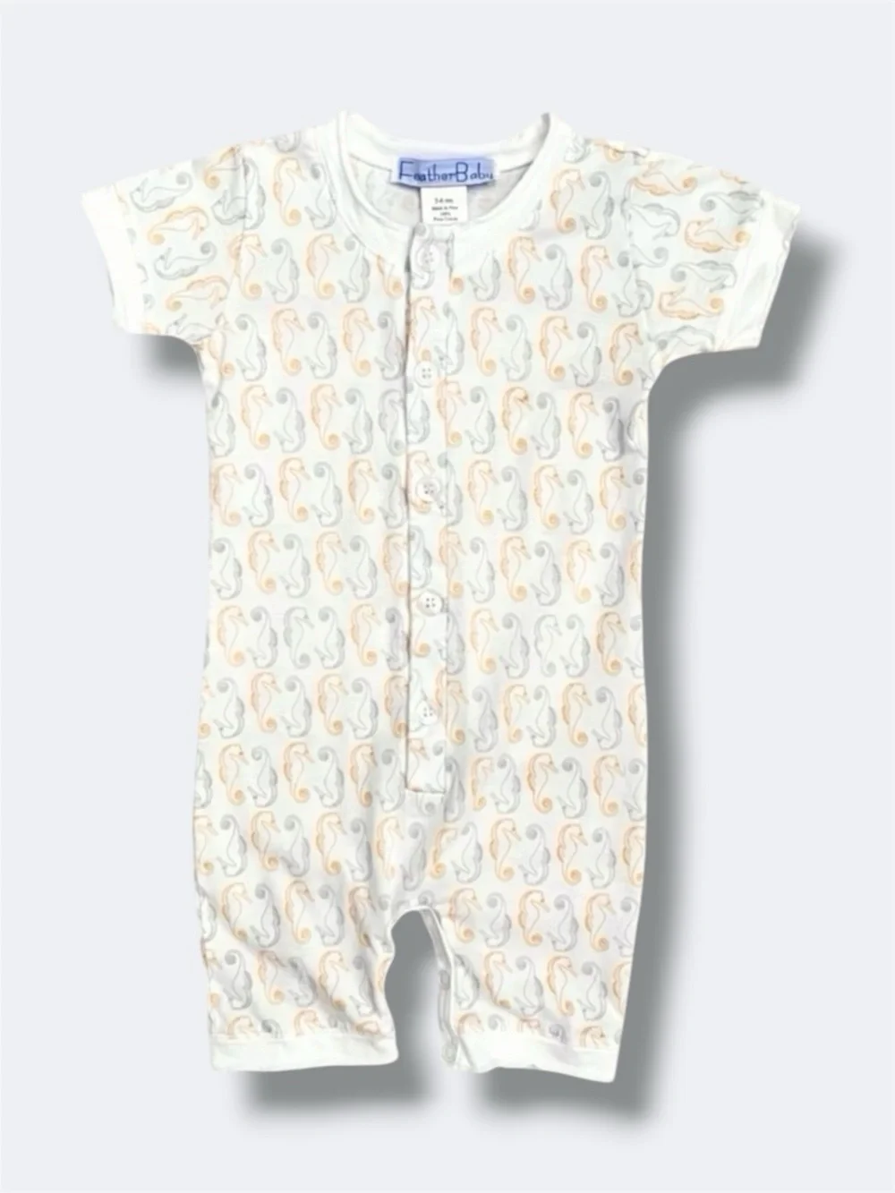 🦋3/$30 Feather Baby Romper Boys 3-6M White Seahorse Pima Cotton Henley Snap